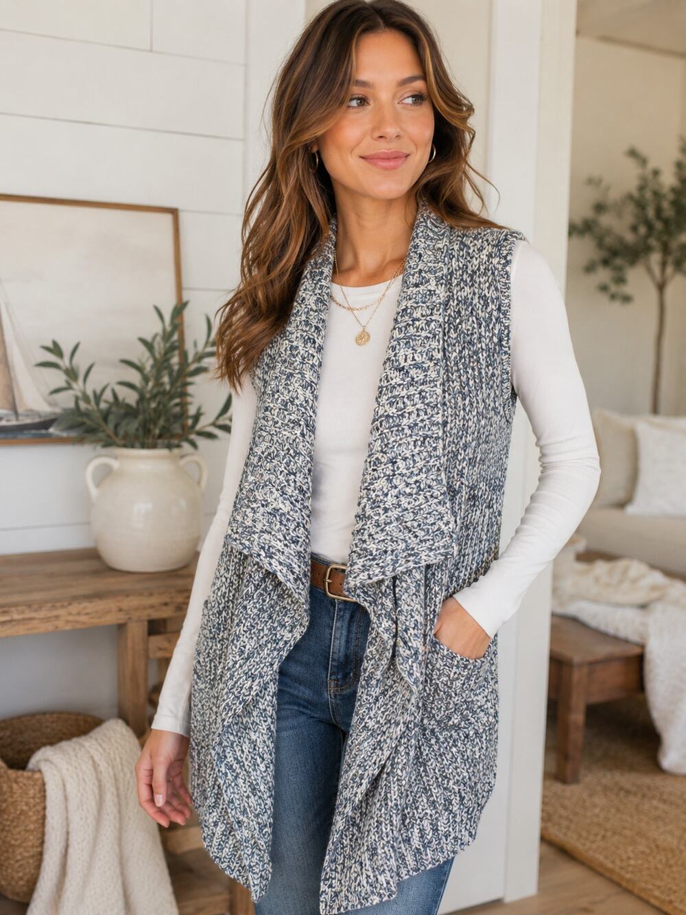 Jones New York Marled Knit Open Front Sweater Vest Cardigan Medium